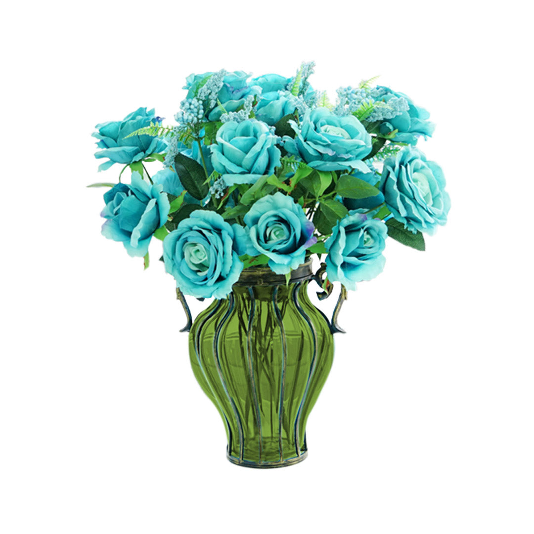 NNEAGS Green Colored European Glass Home Decor Flower Vase with Two Metal Handle