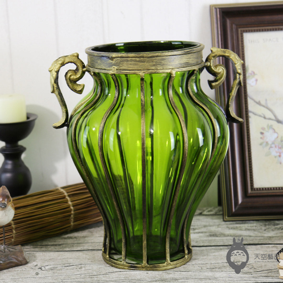 NNEAGS Green Colored European Glass Home Decor Flower Vase with Two Metal Handle