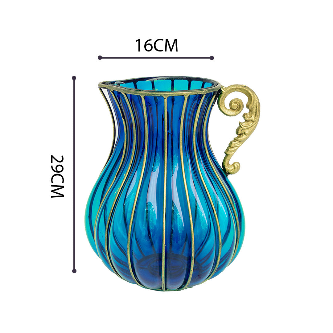 NNEAGS Blue European Colored Glass Home Decor Jar Flower Vase with Metal Handle