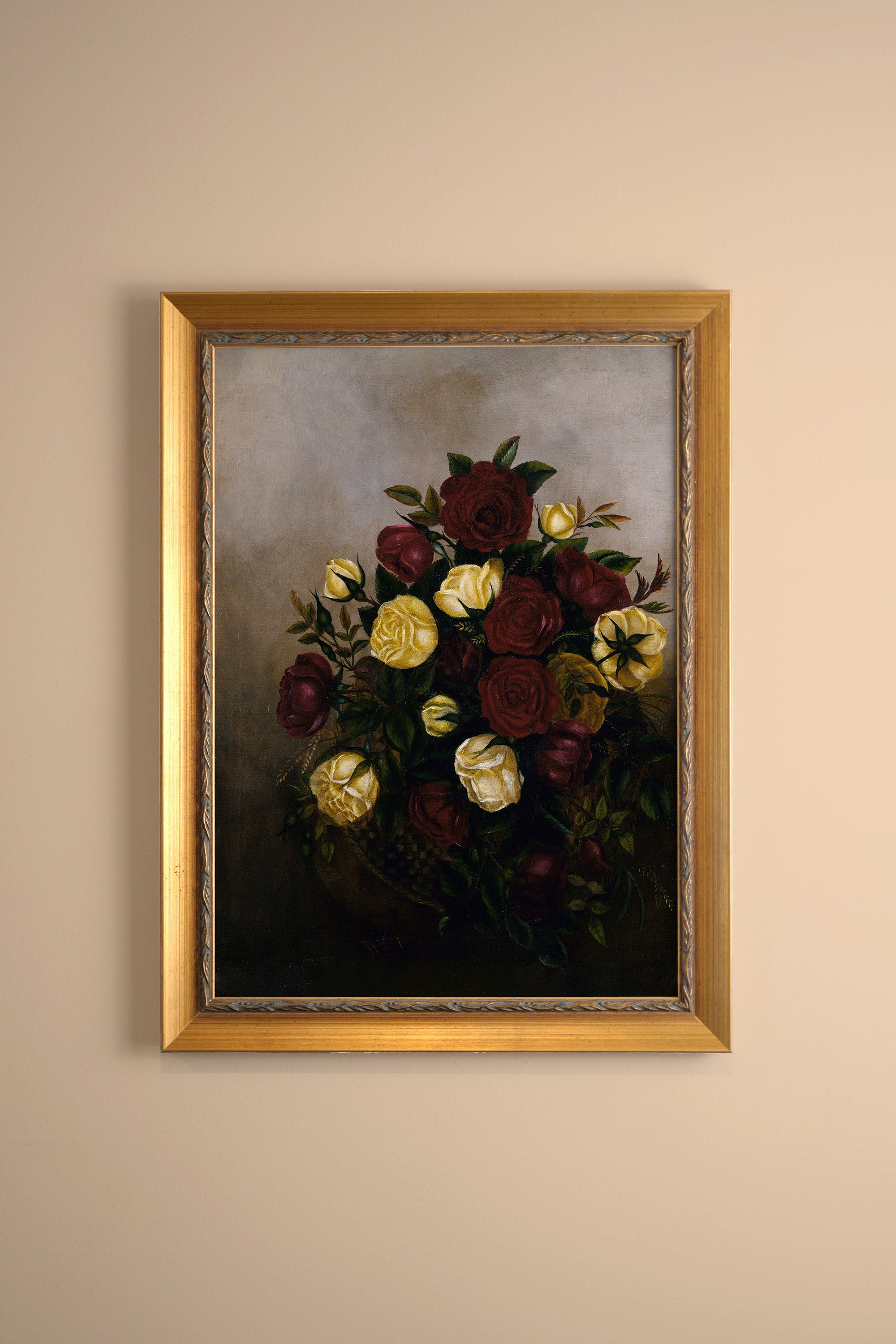 ROSES D'ANTAN, CADRE VINTAGE OR
