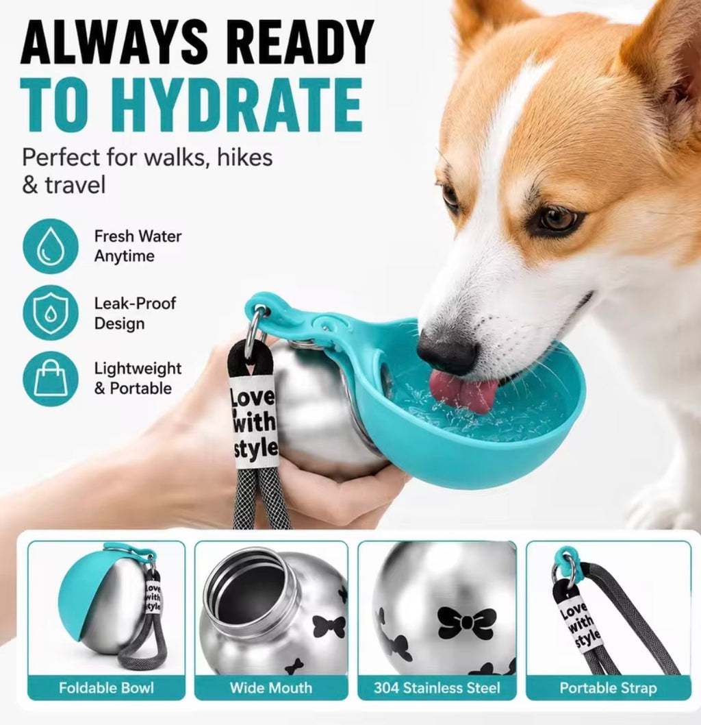 VELORA Stainless Steel 2-in-1 Dog & Cat Water Bottle