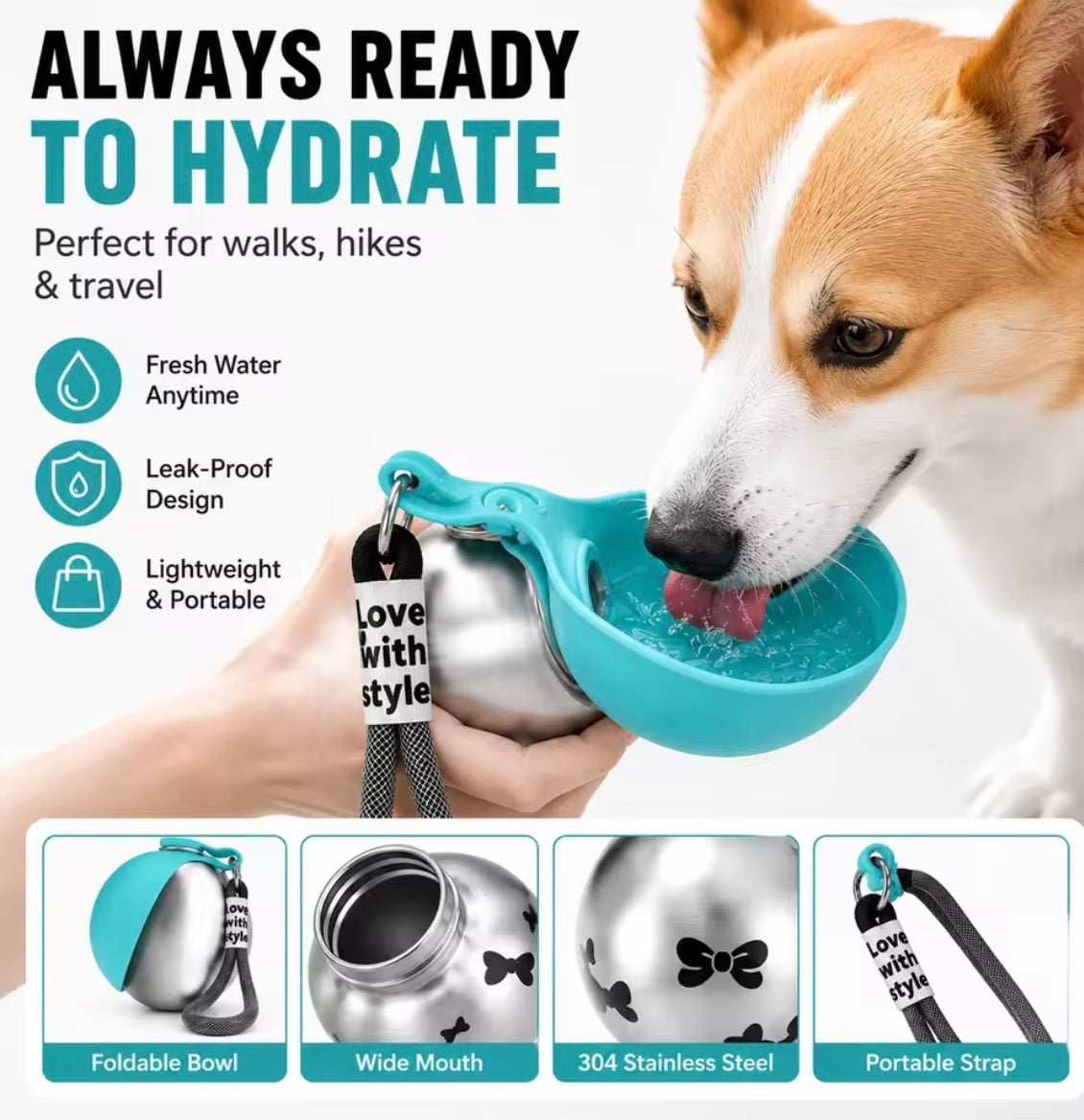 VELORA Stainless Steel 2-in-1 Dog & Cat Water Bottle