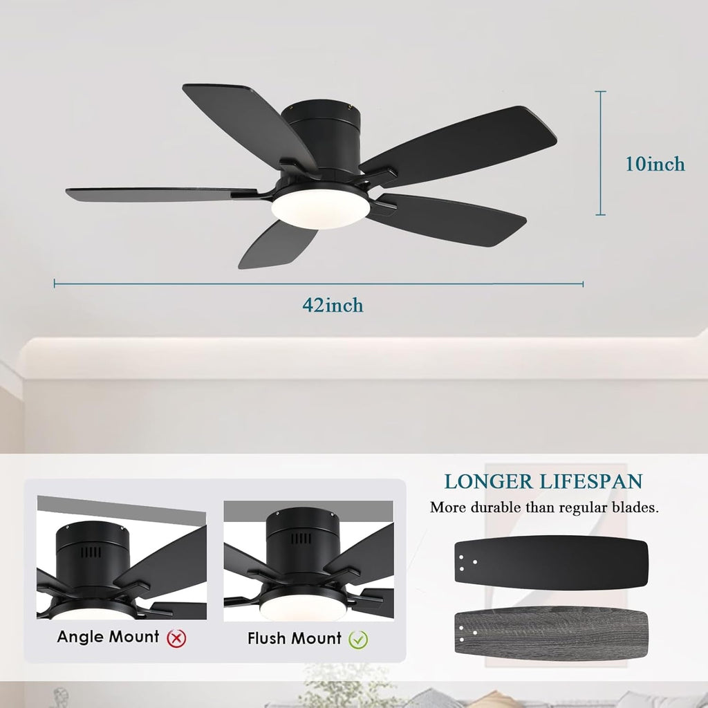 42 Inch Black Flush Mount Ceiling Fan Dimmable LED Remote