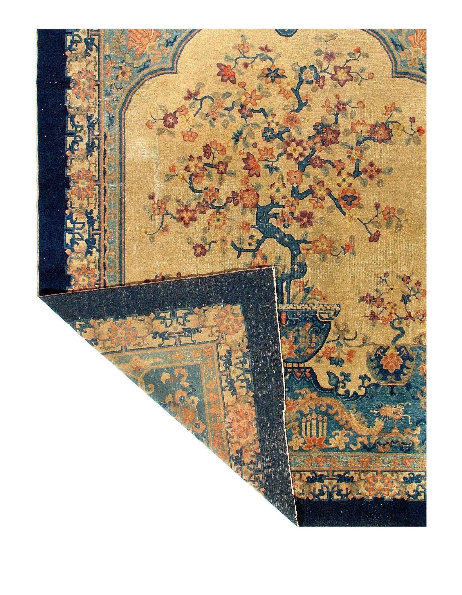 Canvello Genuine Handmade Rug Beige Navy Blue Vintage Chinese Art Deco Area Rug for Living Room Home Decor Antique Rug - 7'11'' X 9'6''