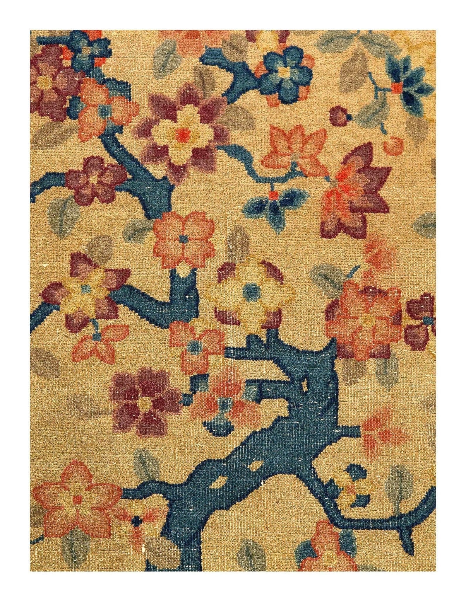 Canvello Genuine Handmade Rug Beige Navy Blue Vintage Chinese Art Deco Area Rug for Living Room Home Decor Antique Rug - 7'11'' X 9'6''