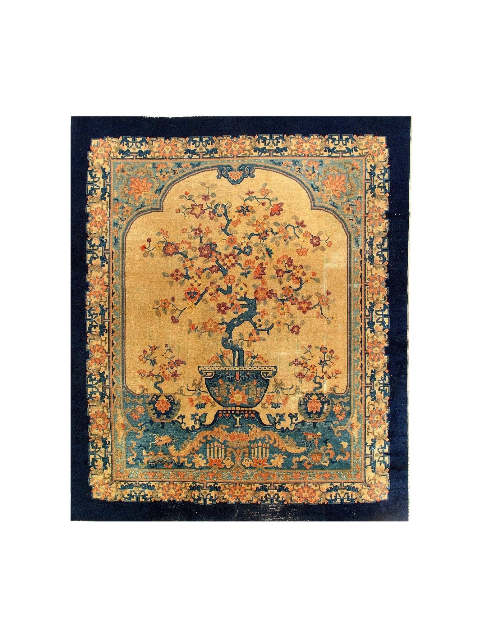 Canvello Genuine Handmade Rug Beige Navy Blue Vintage Chinese Art Deco Area Rug for Living Room Home Decor Antique Rug - 7'11'' X 9'6''