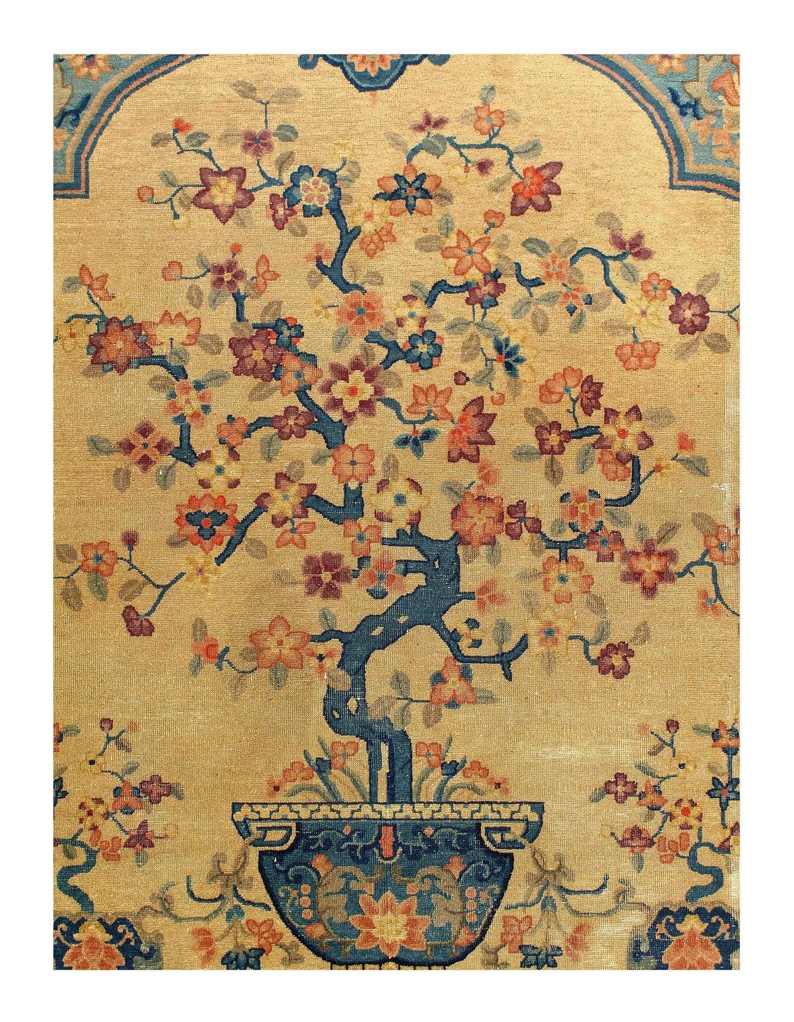 Canvello Genuine Handmade Rug Beige Navy Blue Vintage Chinese Art Deco Area Rug for Living Room Home Decor Antique Rug - 7'11'' X 9'6''