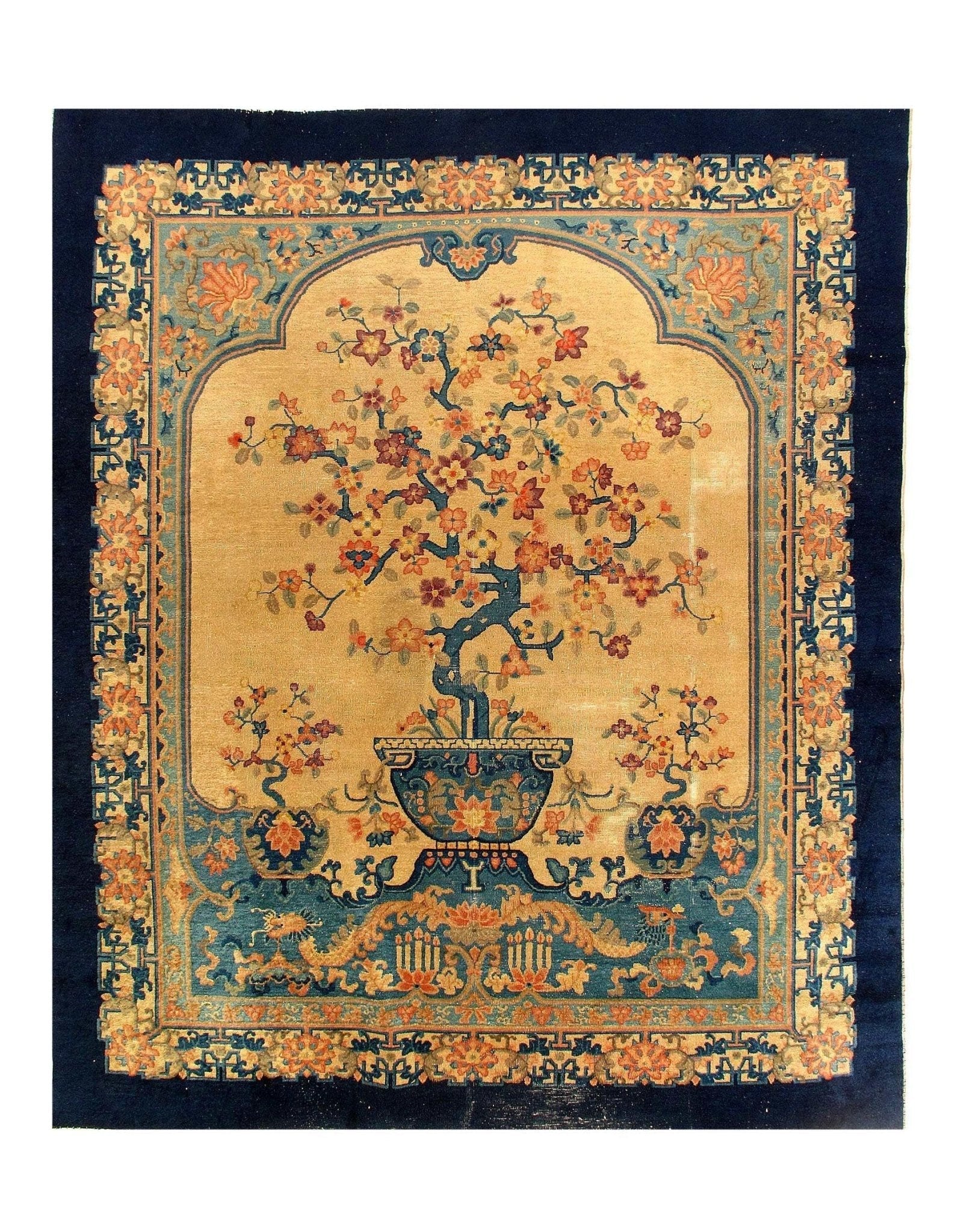 Canvello Genuine Handmade Rug Beige Navy Blue Vintage Chinese Art Deco Area Rug for Living Room Home Decor Antique Rug - 7'11'' X 9'6''