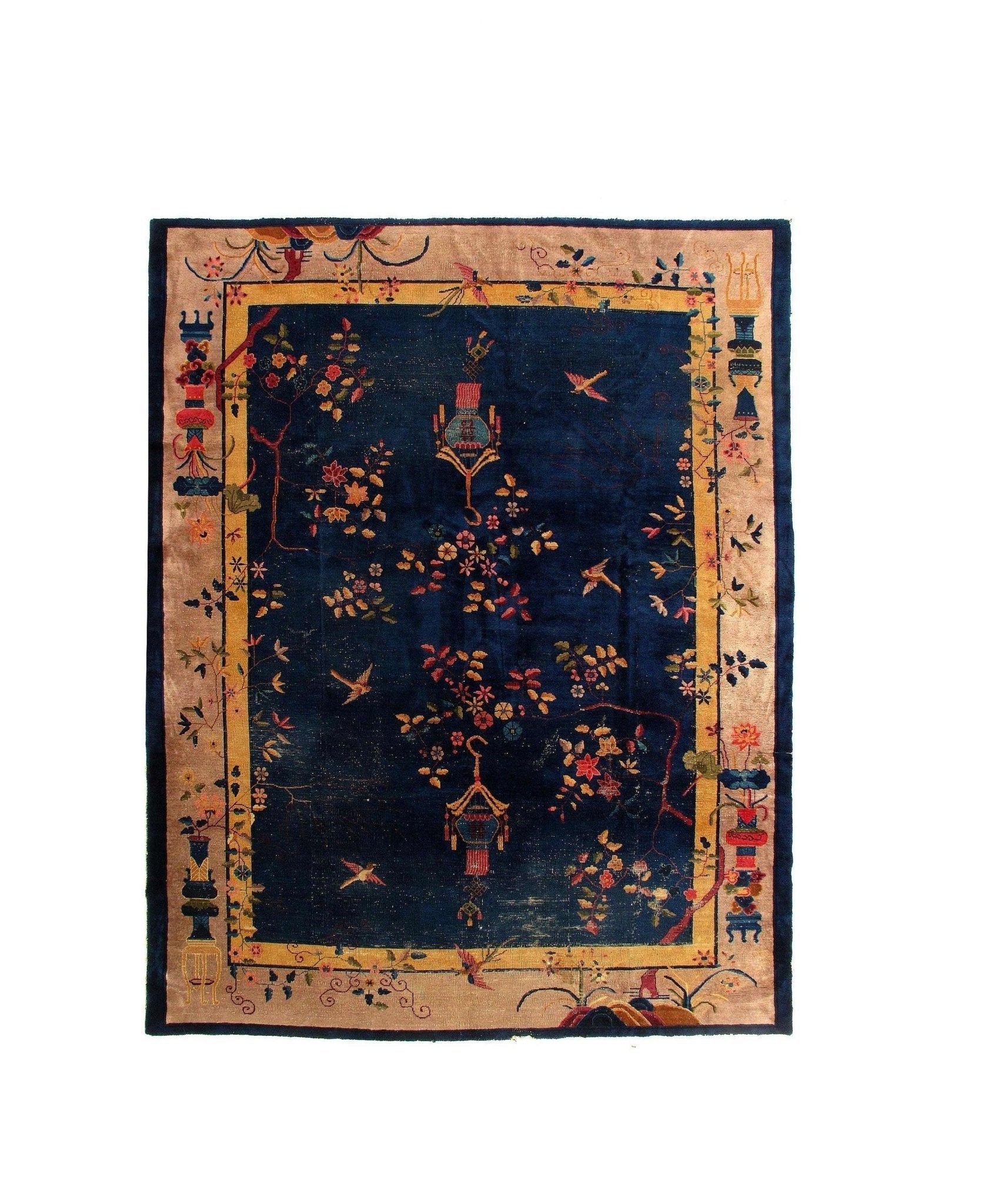 Canvello Genuine Handmade Rug Navy Blue Beige Vintage Chinese Art Deco Area Rug for Living Room Home Decor Antique Rug - 9'2'' X 11'5''