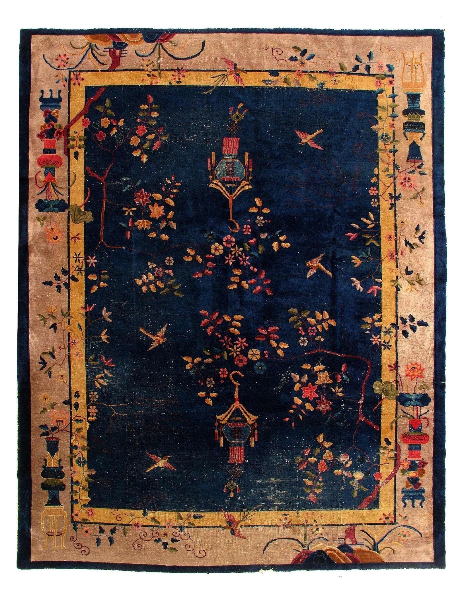 Canvello Genuine Handmade Rug Navy Blue Beige Vintage Chinese Art Deco Area Rug for Living Room Home Decor Antique Rug - 9'2'' X 11'5''