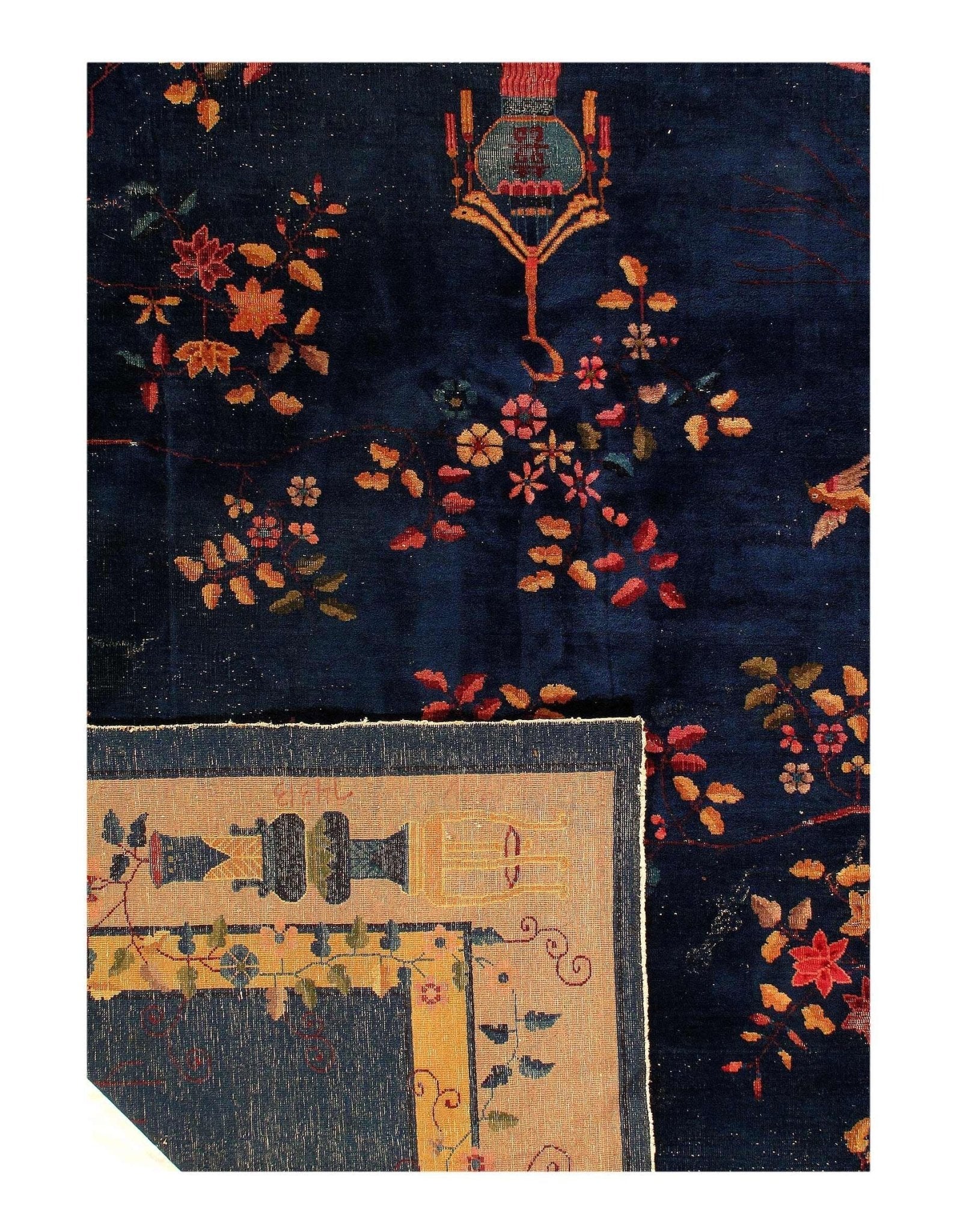 Canvello Genuine Handmade Rug Navy Blue Beige Vintage Chinese Art Deco Area Rug for Living Room Home Decor Antique Rug - 9'2'' X 11'5''
