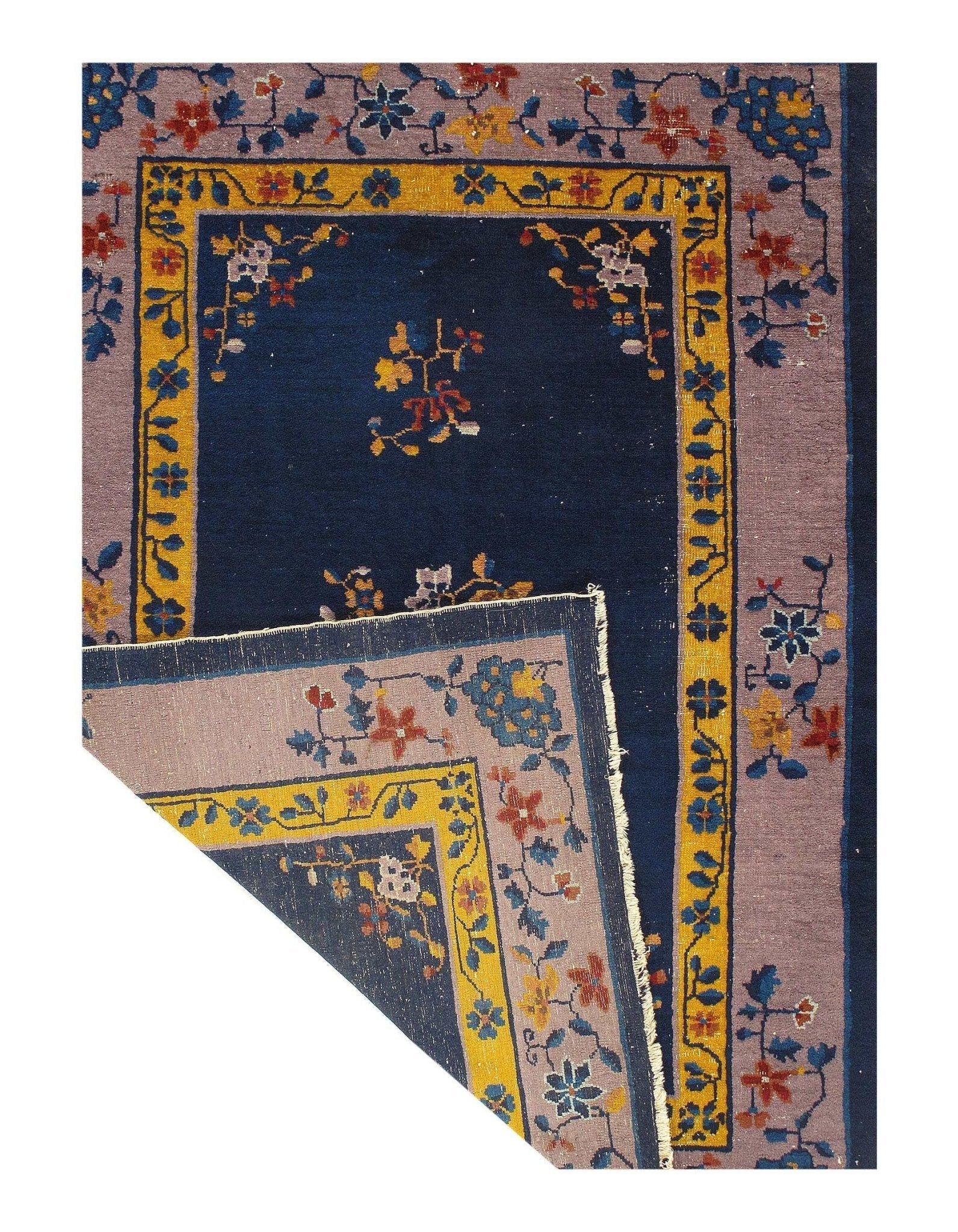 Canvello Genuine Handmade Rug Navy Blue Salmon Vintage Chinese Art Deco Area Rug for Living Room Home Decor Antique Rug - 4'2'' X 5'11''