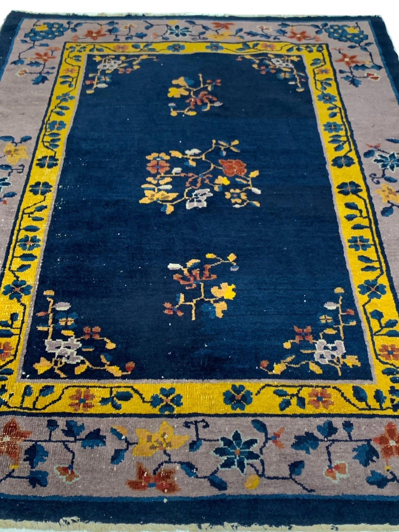 Canvello Genuine Handmade Rug Navy Blue Salmon Vintage Chinese Art Deco Area Rug for Living Room Home Decor Antique Rug - 4'2'' X 5'11''