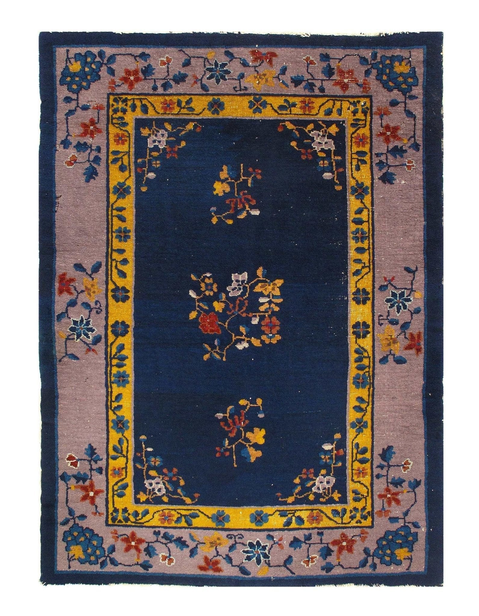 Canvello Genuine Handmade Rug Navy Blue Salmon Vintage Chinese Art Deco Area Rug for Living Room Home Decor Antique Rug - 4'2'' X 5'11''