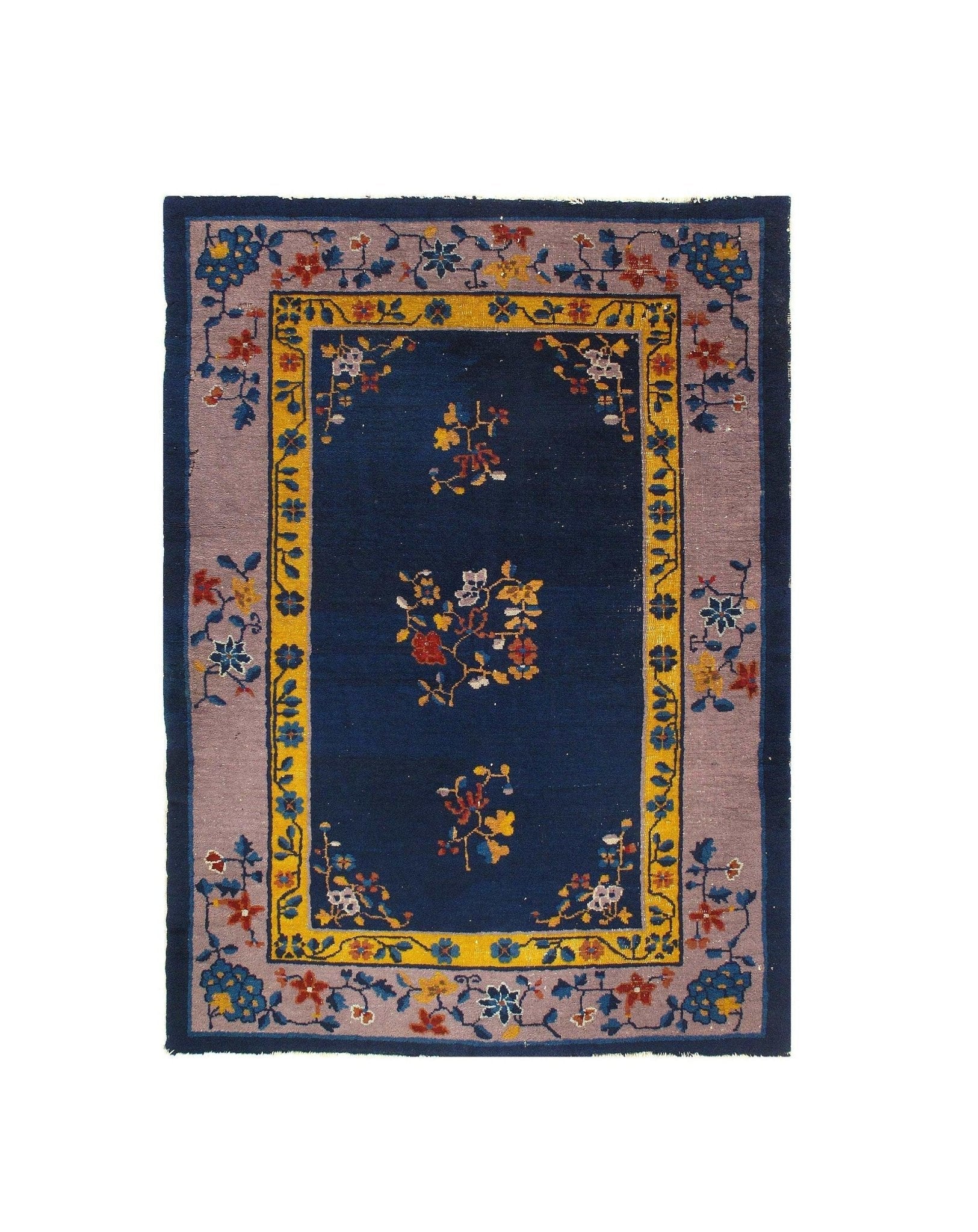 Canvello Genuine Handmade Rug Navy Blue Salmon Vintage Chinese Art Deco Area Rug for Living Room Home Decor Antique Rug - 4'2'' X 5'11''