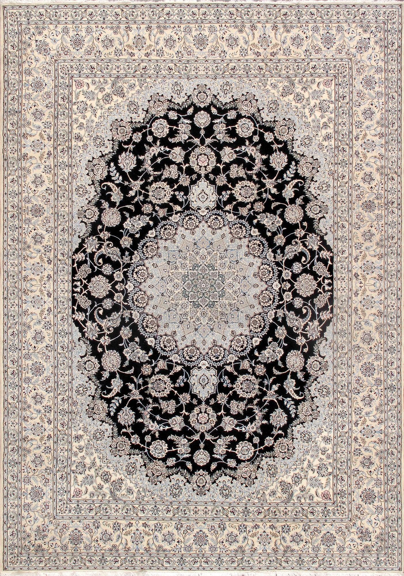 Canvello Nain Silkroad Rug Hand-Knotted Navy/Ivory Wool Area Rug- 9'11" x 13'1"