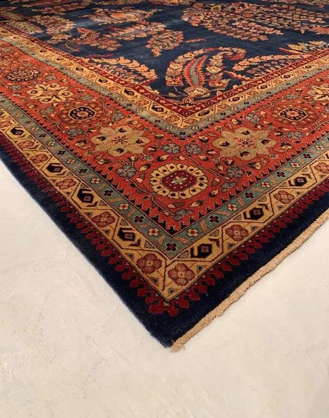 Canvello Navy Blue Persain Hand Knotted Sarouk Design 12' X 18'